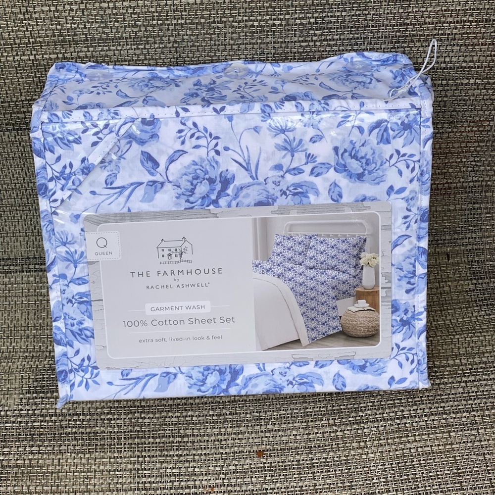 Shabby Chic The Farmhouse Rachel Ashwell Cotton Blue Floral QUEEN Sheet Set 4pc